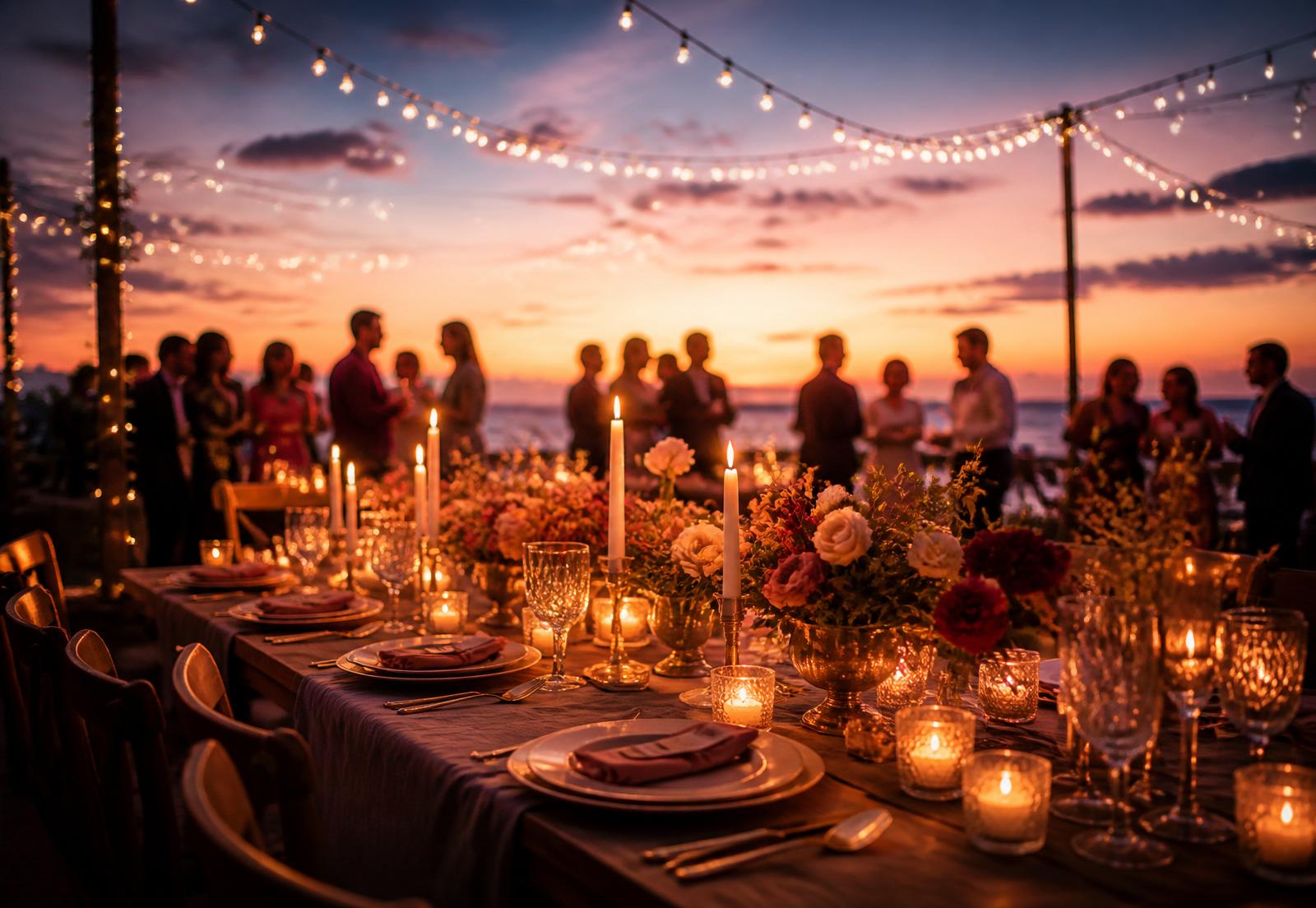 A candle-lit outdoor celebration at golden hour with string lights and elegant table settings